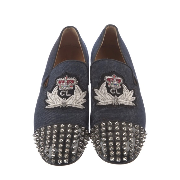 Christian Louboutin spike accents denim loafer. - Picture 2 of 4